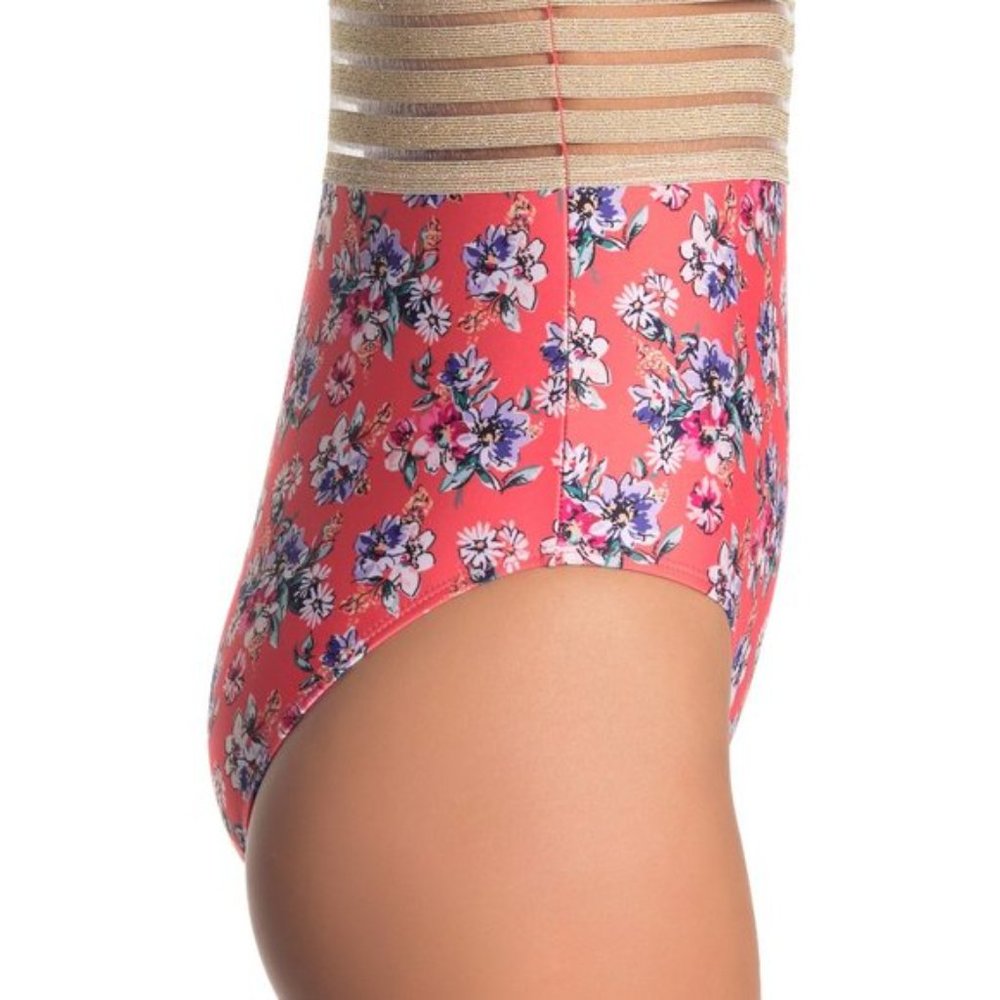 Nicole Miller Floral Coral Swimsuit with Lurex Trim - Picture 4 of 7